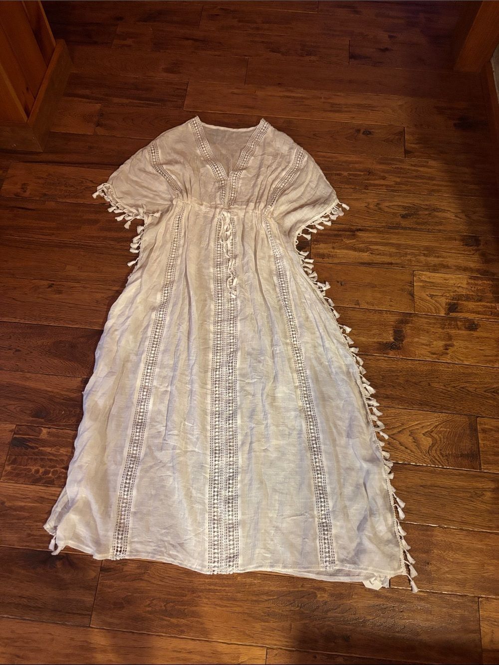 Women's White Embroidered Tassel Maxi Dress